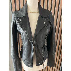 Zara Trafaluc Authentic Leather Women’s XS Black Leather Moto Biker Jacket